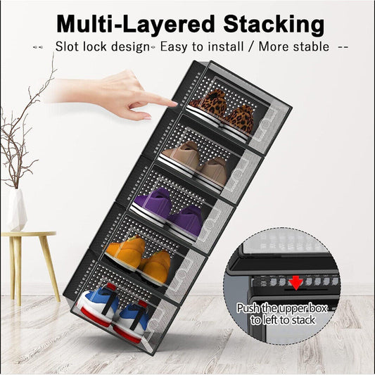 12Pcs Transparent Clear Shoe Storage Box Rack Plastic Organizer Boxers Stackable White Black