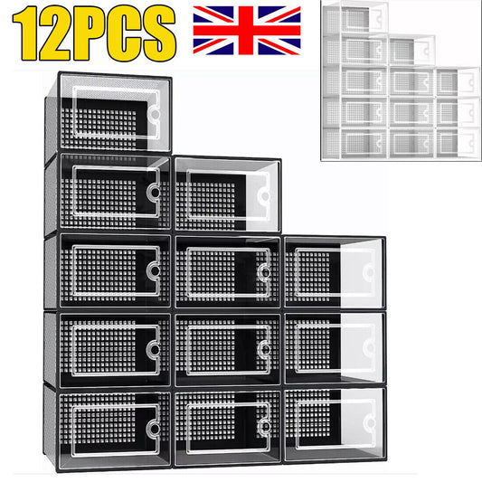 12Pcs Transparent Clear Shoe Storage Box Rack Plastic Organizer Boxers Stackable White Black