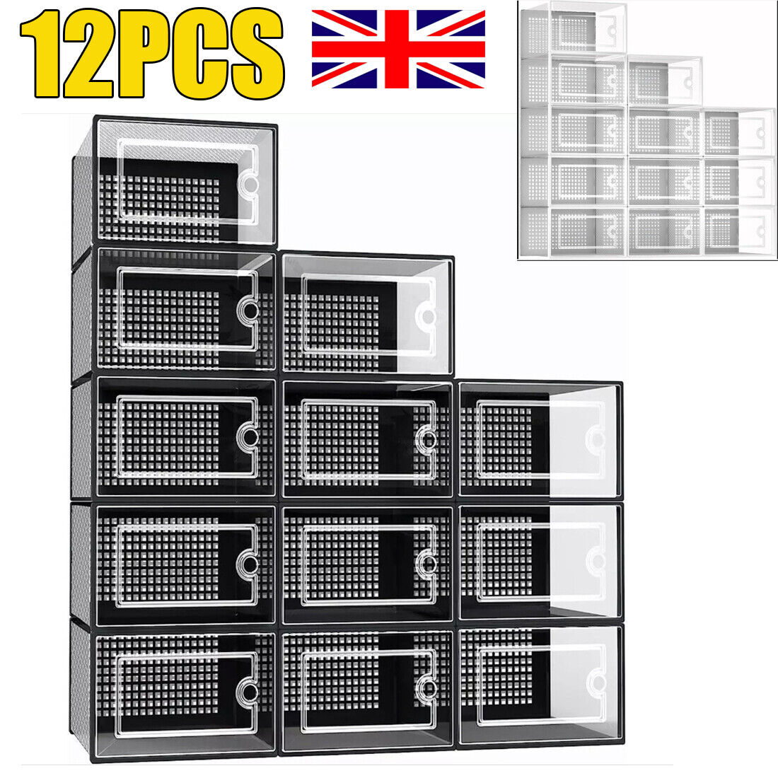 12Pcs Transparent Clear Shoe Storage Box Rack Plastic Organizer Boxers Stackable White Black