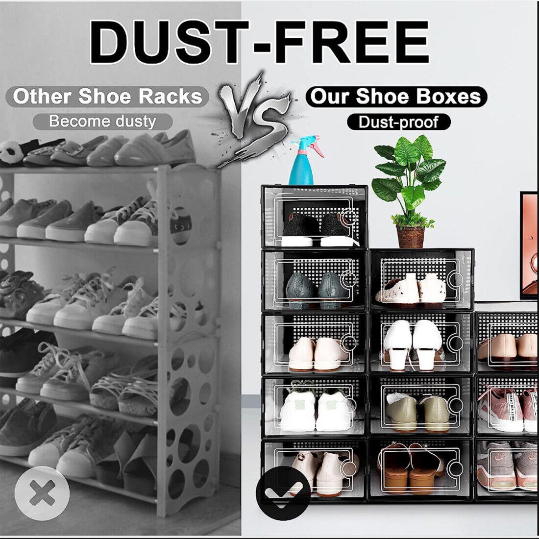 12Pcs Transparent Clear Shoe Storage Box Rack Plastic Organizer Boxers Stackable White Black