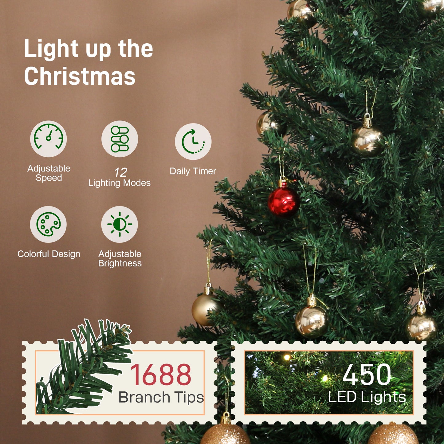 7.5ft Prelit Christmas Tree with RGB Dynamic LEDs, Remote Control, Daily Timer, Hinged Xmas Tree, Easy Assembly
