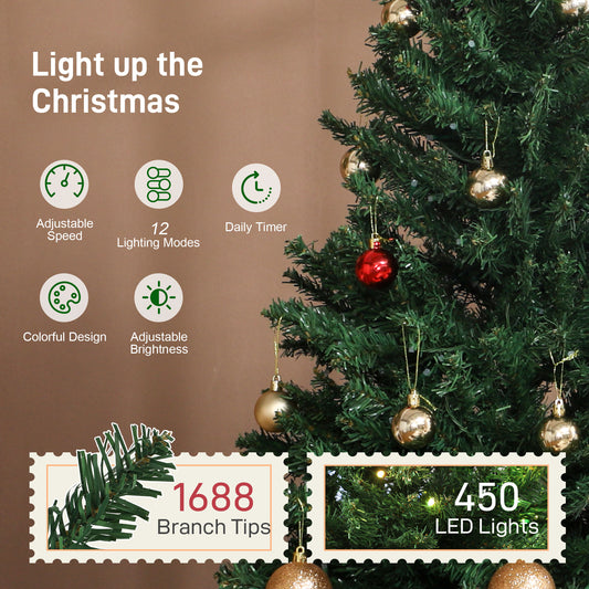 7.5ft Prelit Christmas Tree with RGB Dynamic LEDs, Remote Control, Daily Timer, Hinged Xmas Tree, Easy Assembly